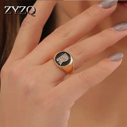 ZYZQ Gold Color Rhinestone English Alphabet Women Rings for Party Handmade Ring Personality Female Statement Jewelry Gift