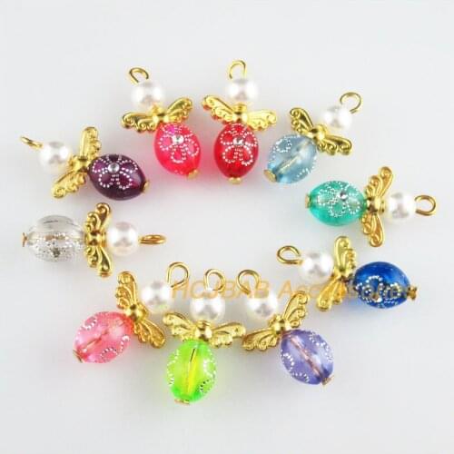 20 New Angel Charms Gold Color Mixed Acrylic Oval Pendants 14x24mm