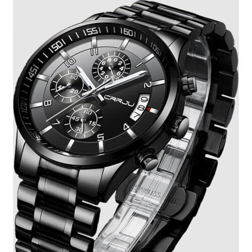 CRRJU New Brand Men Chronograph Luxury Waterproof Watches Fashion Black Business Stainless Steel Clock For Men relogio masculino