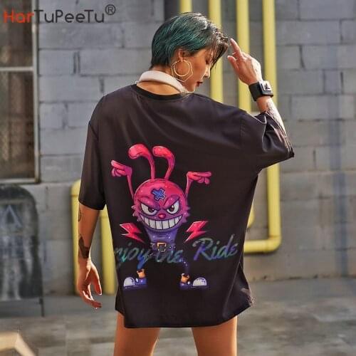Loose T Shirt Women Summer 2021 New Reflective Light Letters Plus Size Long Tees Hip Hop Funny Cartoon Print Black Pullover Tops