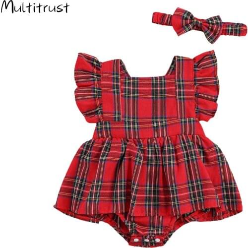 Newborn Girls Clothes Christmas Costume Plaid Butterfly Sleeve Jumpsuit with Bow Headband 2pcs Bodysuit Dress