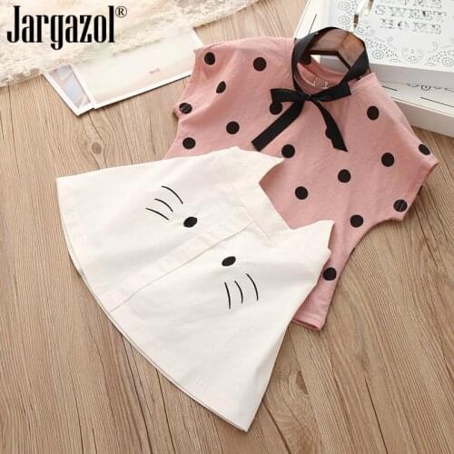 Girls Clothes Set Dot Printed Tee Shirt & Cat Skirt Fashion Girl Outfits Kids Summer Clothing Set New Children Set Drop Shipping