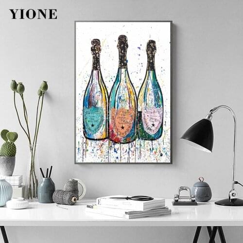 Colorful Black Gold Blue Splash Ink Graffiti Wine Bottle Art Posters and Prints Abstract Canvas Painting for Room Wall Picture
