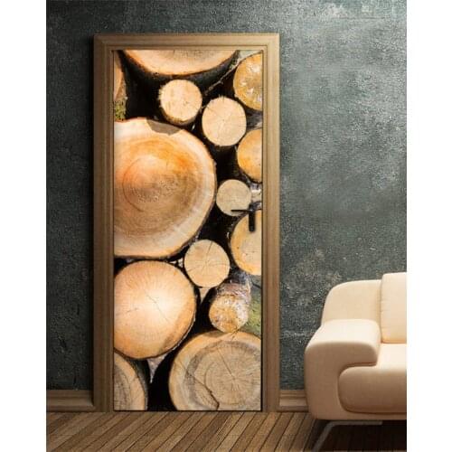 Creative Door Sticker Wooden Stakes Pile Door Mural Door Cover Wall Stickers Kitchen Wallpaper Renew Mural Decal Home Decor