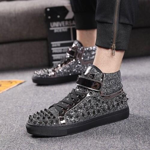 Model runway show nightclub dress rivets boots mens fashion flats platform shoes original leather boot handsome ankle botas male