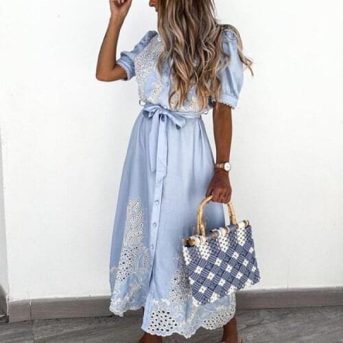 Fashion Half Sleeve Button Up Tunic Long Dresses Party Holiday Vestido S-Xxl Women Elegant Lace Hollow Out Shirt Dress With Belt