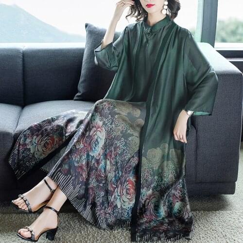 Fall Spring Vintage Womens Loose 4xl Imitation Silk Green Black Dress Set , Cheongsam Dresses for Women , Woman Clothes