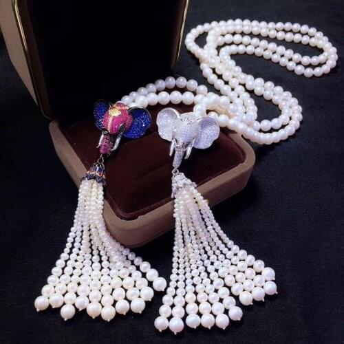 Animal elephant pendant necklace long fresh water pearl necklace tassels 925 sterling silver fine women jewelry free shipping