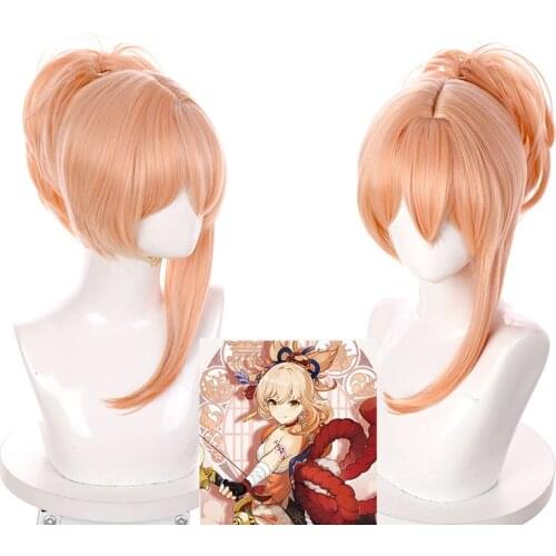 New Genshin Impact Cosplay Yoimiya Wig Blond Orange Ponytail Wig Halloween Party Role Play Wig