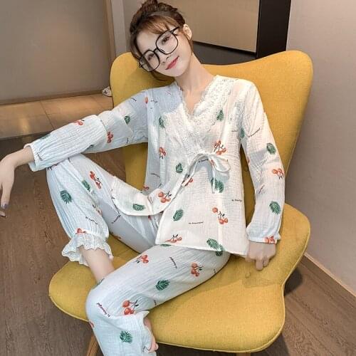 693# Maternity Clothes Spring Autumn V Neck Cotton Maternity Pajamas Sleepwear Clothes for Pregnant Women Home Wear Set