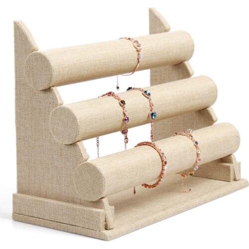 Yellow Burlap 3 Tier Bracelet Watch Stand Holder Linen Jewelry Showcase Display Storage Necklace Bangle Organizer