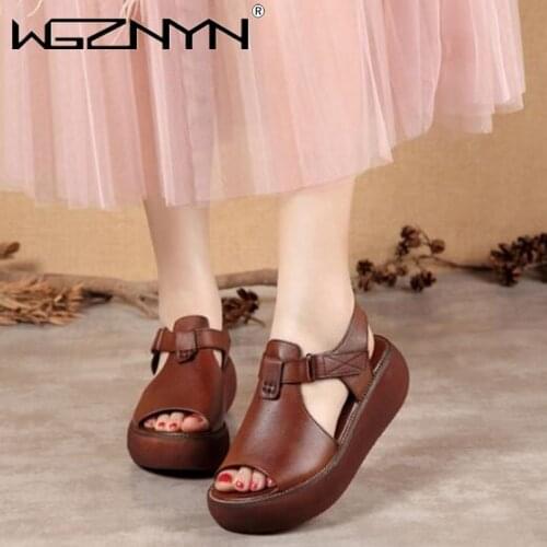 NEW Genuine PU Leather Sandals Women Summer Shoes Retro 5CM High Heels Wedge Set Foot Women Leather Sandals 2021 Platform Shoes