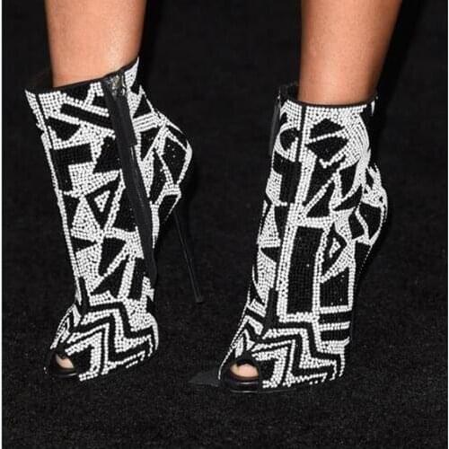 New Black White Geometric Crystallized Peep toe Ankle Booties Shoes Rhinestone Full Studded High Heels Pumps Women Party Shoes