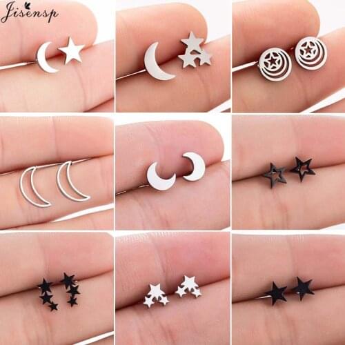 Jisensp Stainless Steel Star Moon Stud Earrings Punk Earrings For Women Girls Korean Minimalist Earrings Jewelry Accessories