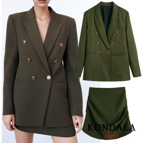 KONDALA Za 2021 Chic Armygreen Double Breasted Oversized Long Women Blazer Office Lady V Neck Jackets Female Fashion Blazer
