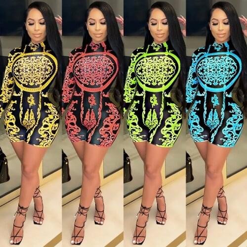 Adogirl Women Vintage Print Short Jumpsuit Long Sleeve Turtleneck Bodycon Romper Party Club Skinny Bodysuit One Piece Overall