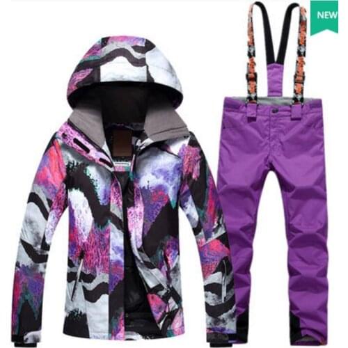 Womens Padded Ski Suit Female White Purple Jacket And Suspender Trousers Winter Outdoor Sports Set Waterproof 10K