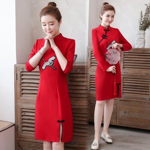 Plus Size M-4XL New Red Embroidery 2021 Fashion Modern Cheongsam Dress Women Long Sleeve Qipao Traditional Chinese Clothes
