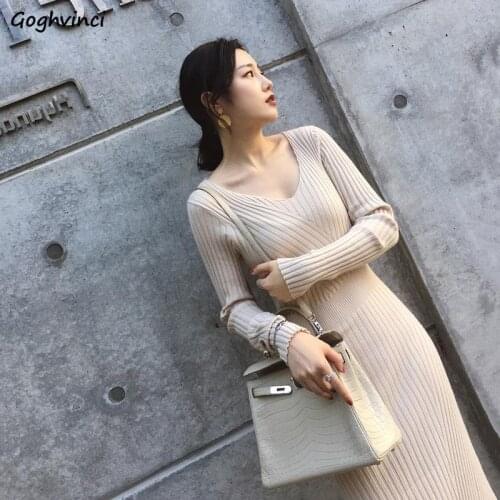 Women Long Sleeve Dresses Office Lady Sheath Solid Knitted V-neck Simple Elegant Fashion Korean Style Sexy High Elasticity Slim