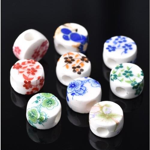 20pcs 8.5x5.5mm Flat Round Shape Flower Patterns Ceramic Porcelain Loose Crafts Beads lot for Jewelry Making DIY Findings