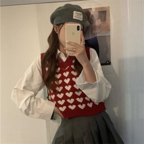 2021 Spring Elegant Women Knitted Vest V-neck Heart Printed Korean Color Matching Sweater