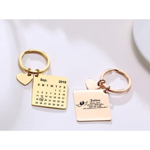 Free Engraving Personalized Calendar Keychain Stainless Steel Customized Name with Heart Date Keyring Unisex Jewelry