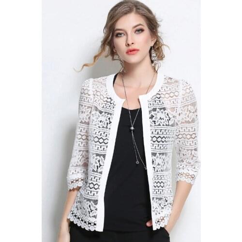 Blusa Plus Size Black White Hollow out Lace Knitted Tops Cardigan New 2020 Sexy Lace Blouse shirt Half Sleeeve Women blouse 3F