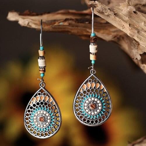 Bohemian Hollow Water Drop Metal Earrings Tribal Jewelry Beads Stone Blue Red Dripping Oil Ethnic Accessories Earring