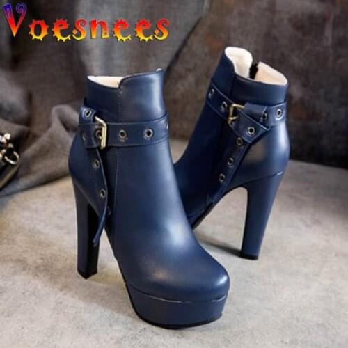 Voesnees Ankle Boots Women Shoes 2021 Fashion Platform Thick Heel High Heels Round Toe Side Zipper Belt Buckle Female short Boot