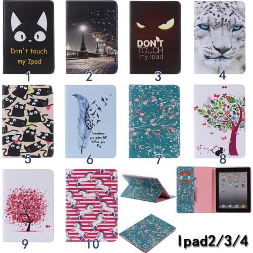 Flower Tree Cat Feather Painted Stand Flip PU Leather case For iPad 2 iPad 3 iPad 4 smart cover For Apple iPad 2 3 4 Cases #1