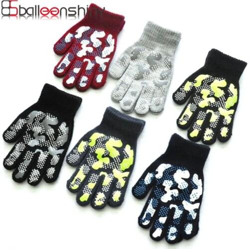 Balleenshiny Childrens Winter Warm Knitted Gloves Student Outdoor Sports Non-slip Camouflage PVC Offset Printing Gloves 7-11Y