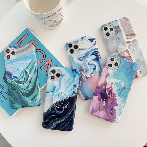 Gradient Marble Stand Holder Phone Case For iPhone 12 11 Pro Max Mini 7 8 Plus SE 2 X XR XSMax Soft IMD Back Cover For iPhone 12