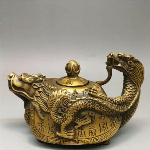 Collection Chinese Exquisite brass Hand-made dragon turtle teapot wine pot