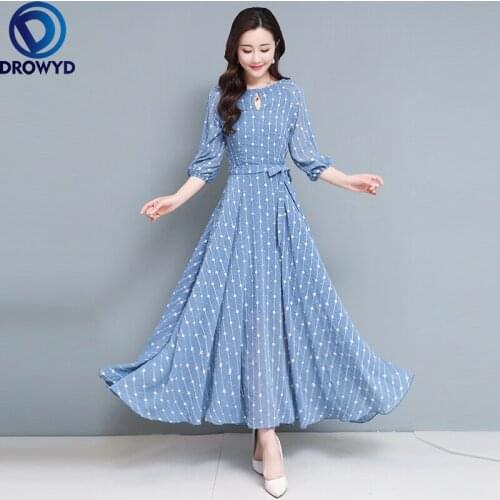 2021 Summer beach maxi dress fashion New Hot Sale Round Collar Three-quarter Sleeve Women Chiffon Long Dress Plus Size M-3XL