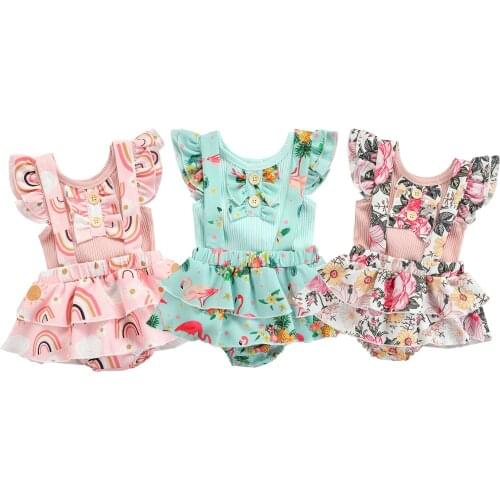 Citgeett Summer Infant Baby Girls Outfits Ruffle Sleeve Knit Button Rainbow Front Tops + Suspender Skirt Set Clothes