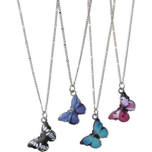 Julie Wang Cute Enamel Butterfly Necklace Silver Color Link Chain Pendant Women Punk Jewelry Statement Necklace