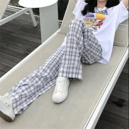 Korean Fashion Harajuku Hip-hop All-match Streetwear Pants Chic Plaid Retro Loose Wide Leg Trousers Korean Women Casual Pants