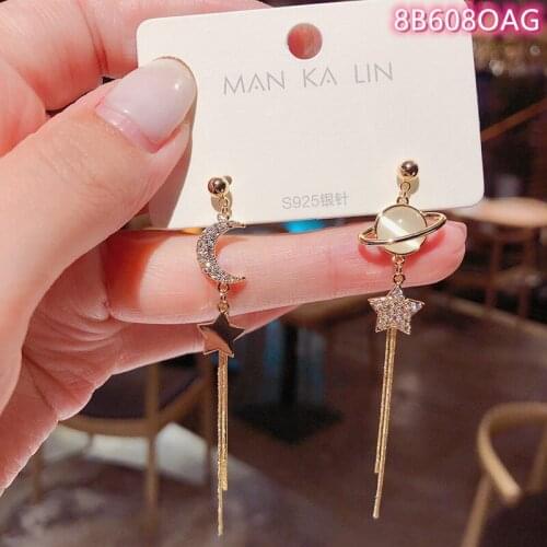 2021 Korean New Star Moon Asymmetry Saturn Long Tassel Earrings for Women Delicate Planet Dangle Earrings Female Drop Earrings