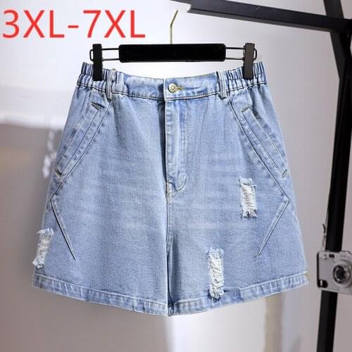 New 2021 Ladies Spring Summer Plus Size Denim Shorts For Women Large Loose Cotton Pocket Bule Hole Shorts 3XL 4XL 5XL 6XL 7XL