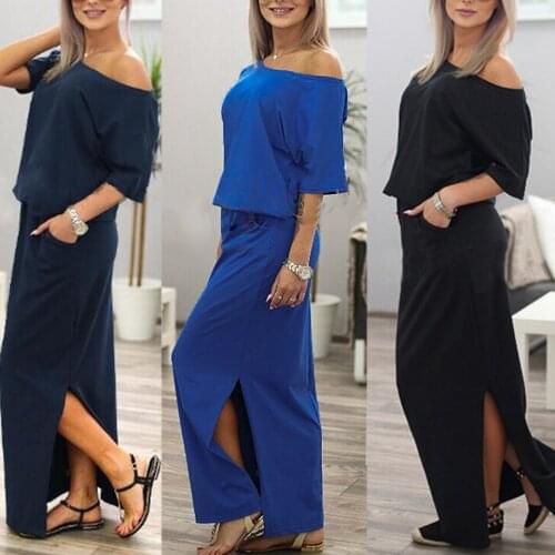 Off Shoulder Maxi Dress Open Side Holiday Clothes Casual Long Dress Summer Sukienka Solid Color Elegant Maxi Dress Women Scoop