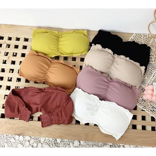 OUMEA Strapless Bra Ruched Front Ruffled Trim Sexy Sleeveless Bra Bandeau Ladies Beach Tube Bra 3 Hooks Bralette Tube Underwear