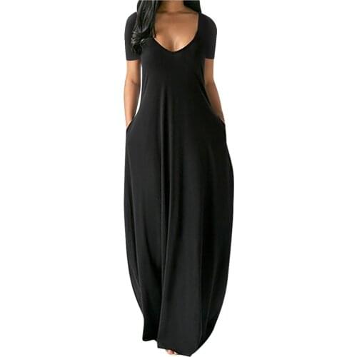 Vintage Long Dress Women Casual Soild Plus Size Solid Sexy V-neck Pocket Short Sleeve Elegant Long Loose Dress Платье Летнее