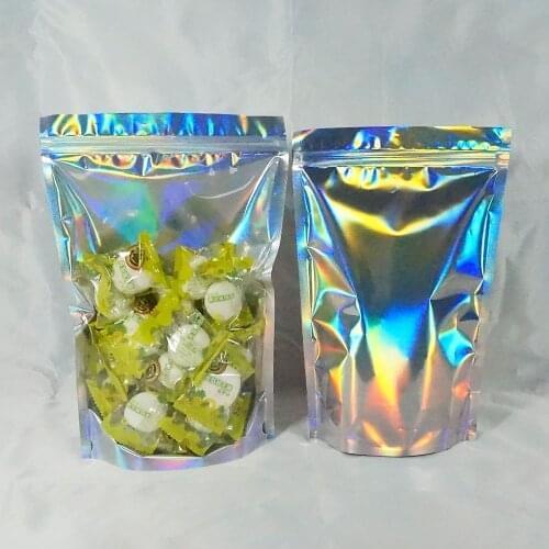 Retail Soybean Storage Bag, 10x18cm/100pcs Reusable Stand Up Holographic Color Translucent Aluminium Foil Zipper Seal Pouches