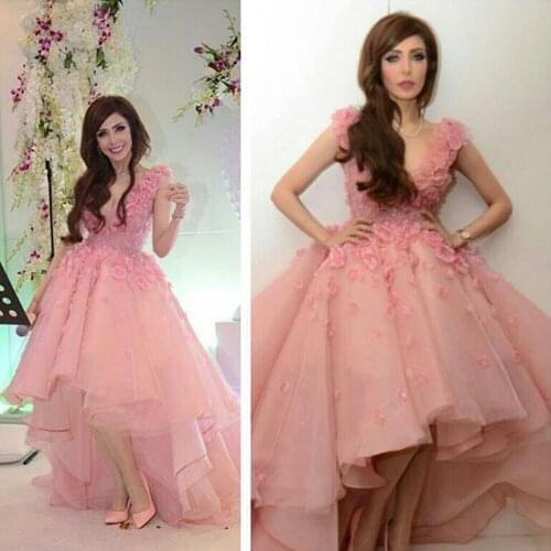 Blush Pink High Low Evening Dress Princess Short Prom Dresses Short Front Long Back 3D Flowers Arabic Celebrity Dress Vestidos