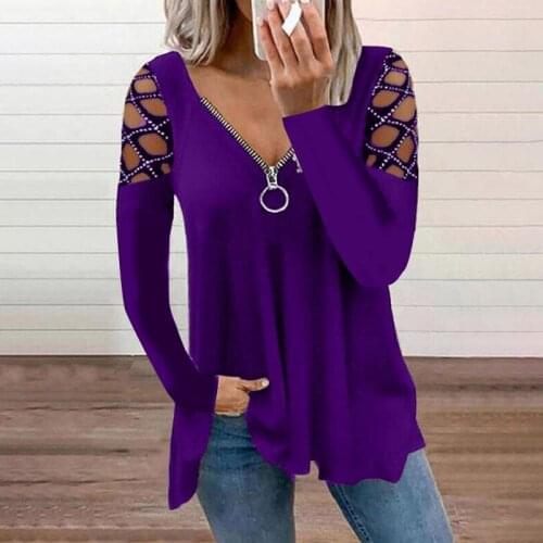 Women T-Shirt Fall Winter Fashion V-Neck Zipper Solid Color Hollow Hot Rhinestone Long Sleeve Casual Cotton Top Women Clothes