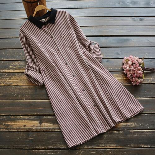 Women Cotton Blouse 2019 Autumn Vintage Literary Cotton Striped Long Sleeved Big Size Loose Women Shirt YoYiKamomo