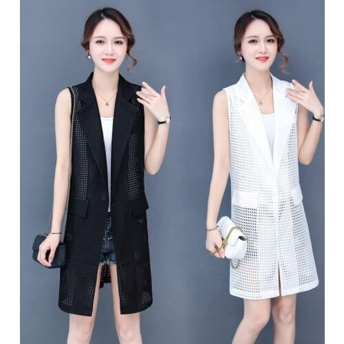 Korean Fashion Midi Gilet Coat Women Vest Cardigan Loose Plus Size Jackets Hollow Out Colete New Street Punk Style Chaleco Mujer