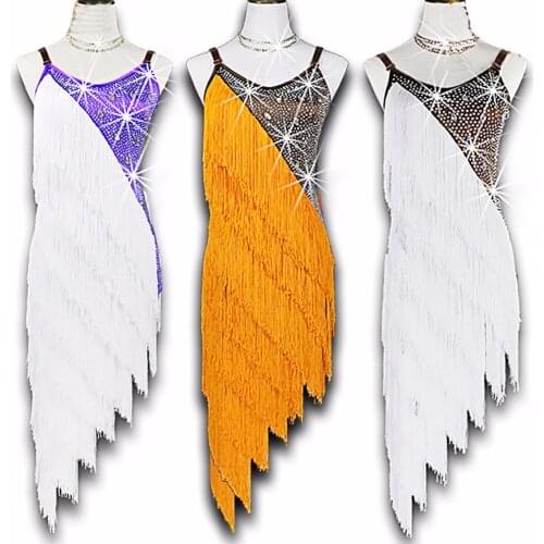 2018 Sexy Lady Latin Dance Dress 9Colors Tassel Beadings Strap Sloping Skirt Infantis Festa Femininas Vestido De Baile Latino