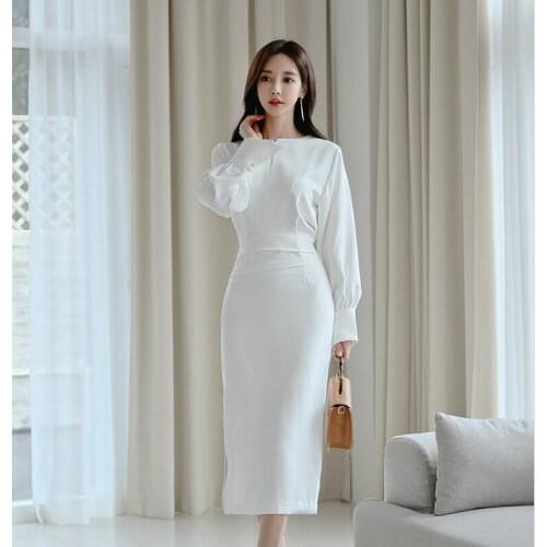 S-XL Plus Size Casual Elegant Dress Ladies Long Sleeve Corset Lantern Sleeve White Dress Women Midi Split Winter Dress Women