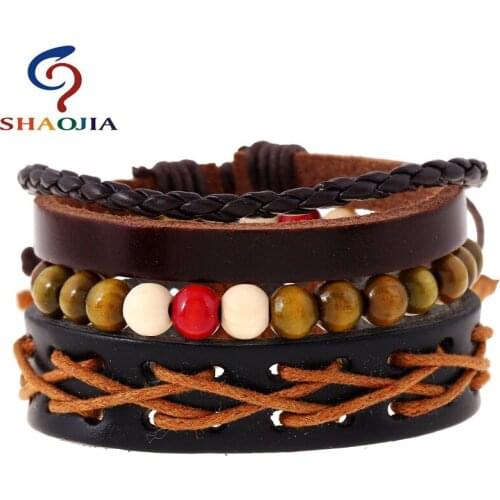 1 Set 3PCS Leather Bracelet Mens Multilayer Bead Bracelet Womens Retro Punk Lace-up Mens Jewelry Bracelet Jewelry Accessories